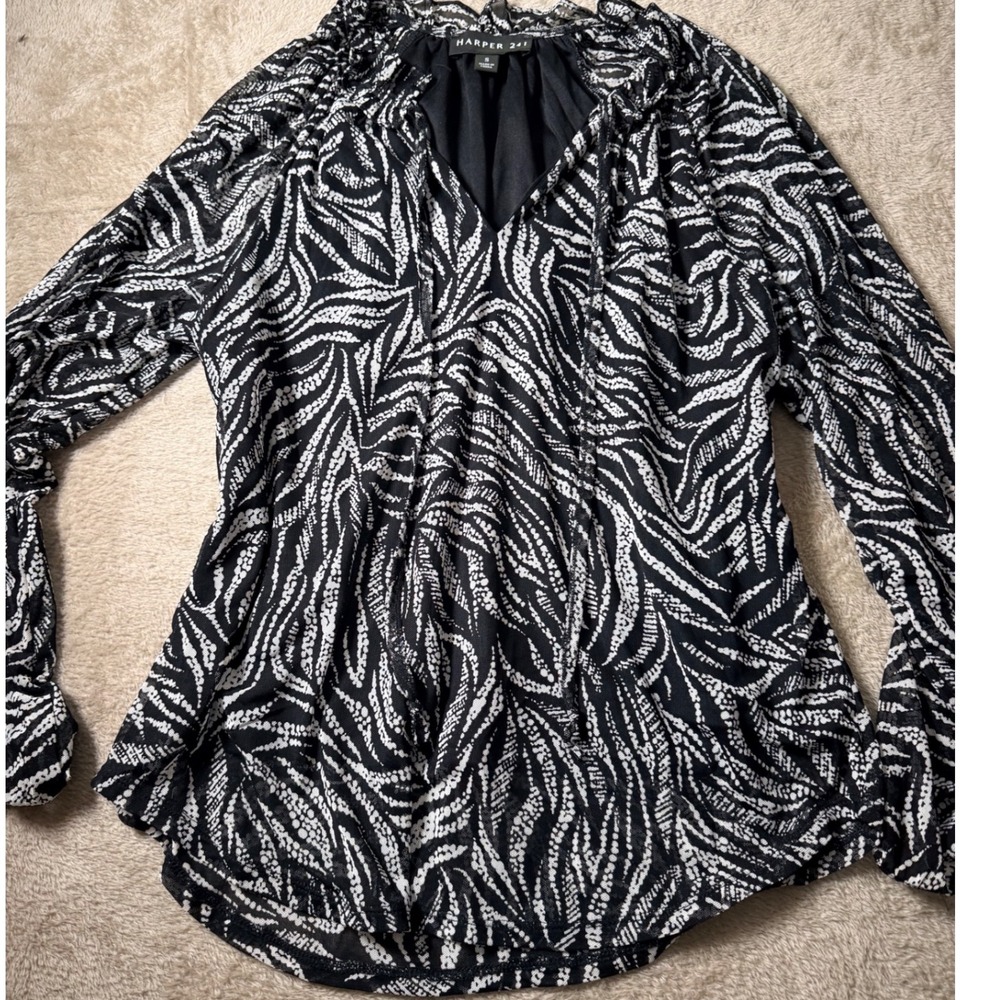 Harper 241 Black White Zebra Print Mesh Ruffle  Small Office Layering